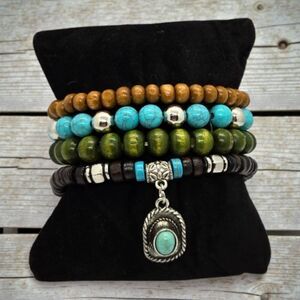 Boho Beaded Stacked Bracelets Set 4 Cowboy Hat Charm Wooden Turquoise Silver NWT